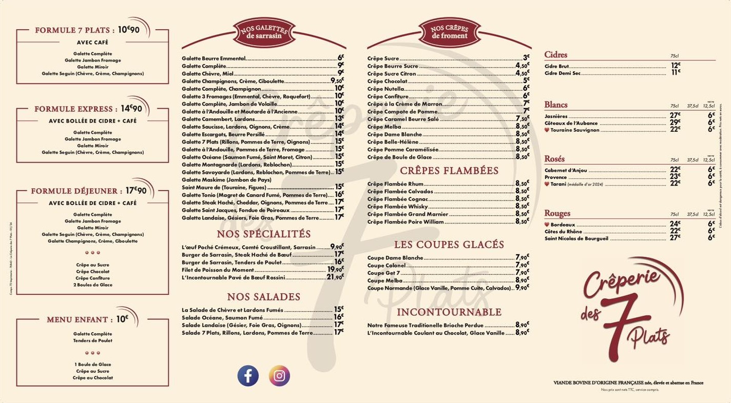 Carte de L'Auberge des 7 Plats